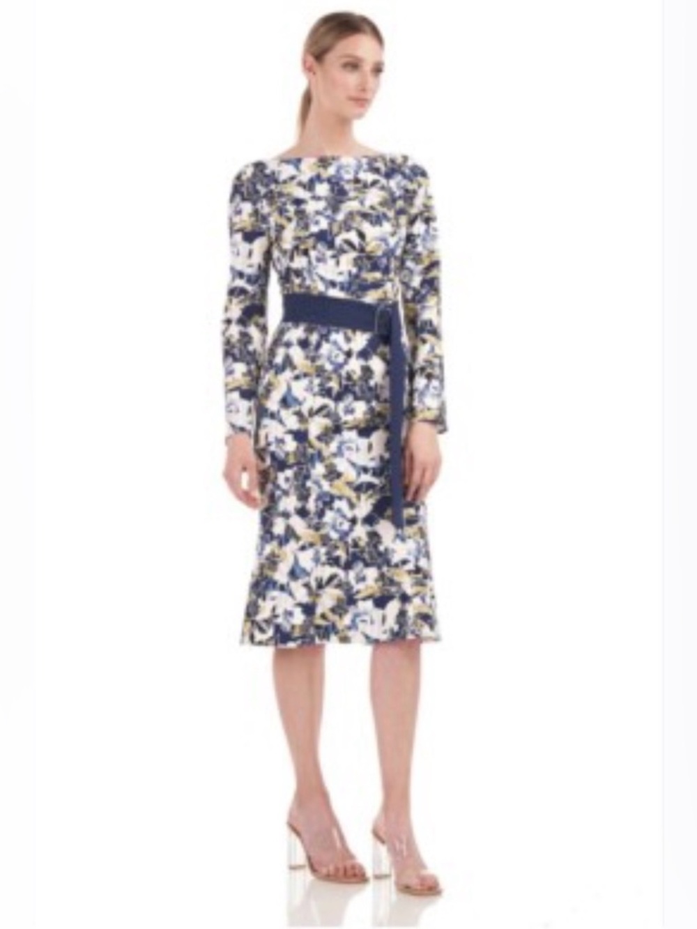 Kay Unger New York Navy Floral Belted Midi Boat Neck Long Sleeve Size 10